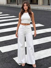 Elegant & Casual Women's Wide Leg Jeans, Denim Fabric, Solid Color Washed, Full Length, Medium Stretch Spring White Fall - White - View 3