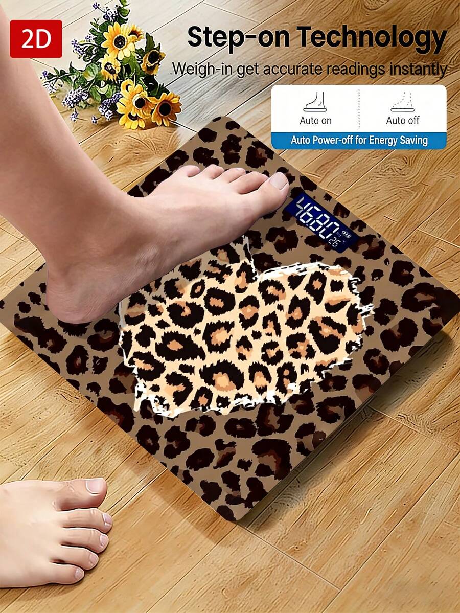 1pc 2D Flat Leopard Print Background Heart-Shaped Contrast Texture Bold Pattern Unique Body Scale, Max Capacity 400lbs/180kg, Tempered Glass Surface, Temperature Detection, Uses AAA Batteries (Not Included) - A - View 1