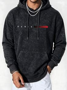 Men's Washed Distressed Hoodie Sweatshirt, Autumn/Winter, PARIS Letter Red Stripe Print, Loose Fit, Drawstring, Kangaroo Pocket, Pullover Top - Black - View 3