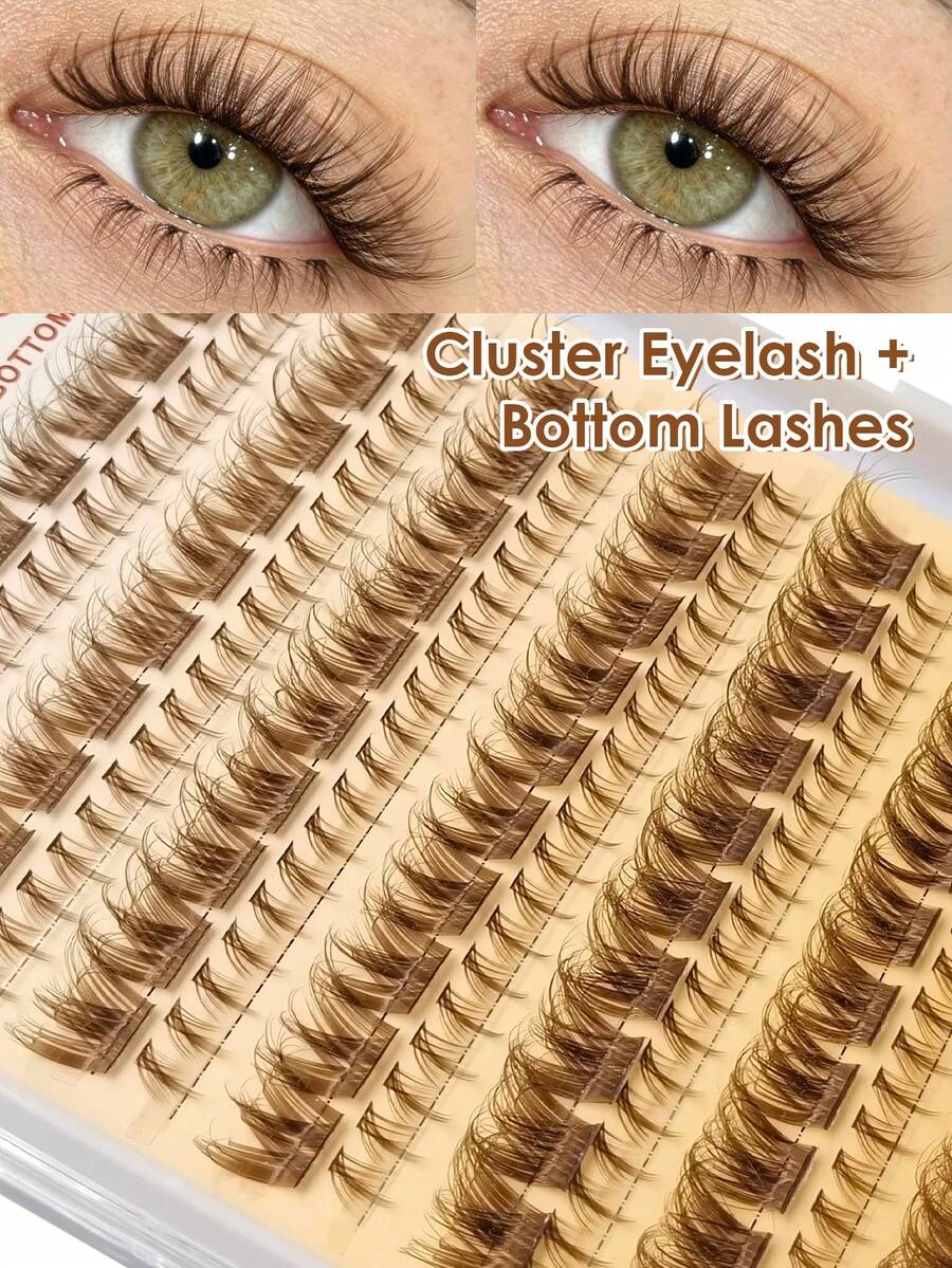 Sibeuna 210pcs Brown Fluffy D-Curl Natural Thin Single Cluster False Eyelashes With Lower Lashes, Reusable DIY Lash Extensions For Beginners Eye Makeup - D - View 1