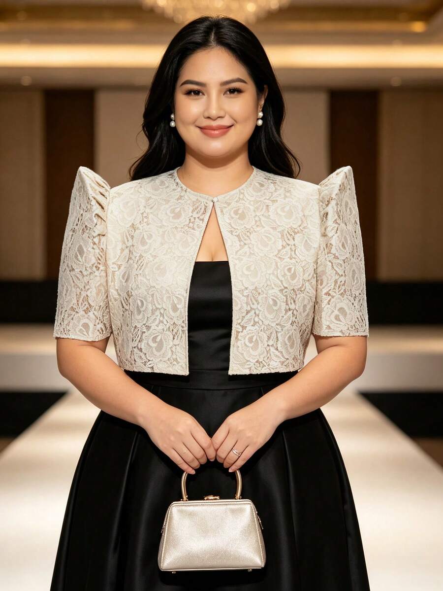 現代菲律賓風上衣 大尺碼 1件裝 蝴蝶袖蕾絲拼接女式襯衫 適合度假與約會 - 香檳色 - 查看 1