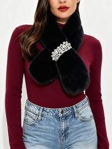 1pc Autumn/Winter Plush Pearl Scarf, Korean Style Thick Solid Color Faux Rabbit Fur Cross Collar Neck Warmer - Multicolor - View 5