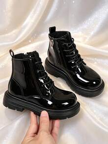 1 Pair Girls' Boots, Soft Mirror PU Material, Soft Sole With Height Increase And Inner Zipper Design, Fashionable British Style Ankle Boots, Suitable For Boys And Girls Students Daily School And Holiday Wear, Autumn/Winter New Style - Black - View 2