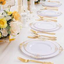 Gold Cutlery Set, 10.25 Inch Dinner Plate/7.5 Inch Side Plate, White Base With Gold Embossed Dragon Pattern Plates, Washable And Reusable Party Plates, Fruit/Cake Trays, Placemats, Stackable To Save Space. Perfect For Weddings, Parties, Birthday Gatherings, Outdoor Garden Banquets, Christmas, Thanksgiving Dinners - View 8