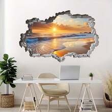 1pc 2D Beach Sunset Wall Sticker, Self-Adhesive Removable Beach Landscape - Multicolor - View 5
