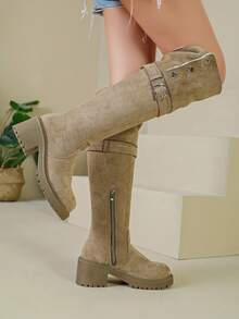 Light Khaki Suede Equestrian Tall Boots, Soft Maillard Tone, Pairs Well With Trench Coats, Overcoats, Dresses, Suitable For Autumn/Winter Commuting, Travel, Dating - Khaki - View 4