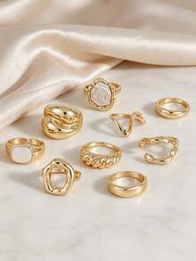9pcs Personalized Faux Pearl Asymmetrical Fashion Ring Set, Suitable For Women To Wear At Parties, Gatherings, Weddings, Layering And Matching - Yellow Gold - View 6