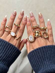 9pcs Personalized Faux Pearl Asymmetrical Fashion Ring Set, Suitable For Women To Wear At Parties, Gatherings, Weddings, Layering And Matching - Yellow Gold - View 1
