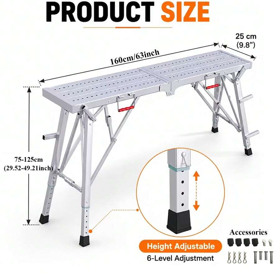 Portable Foldable Workbench With Adjustable Height & Wide Base - Heavy-Duty Foldable, Railing Suitable For Home Renovation, , RV Cleaning, Window Washing - Ideal For/Outdoor Use - 800Lbs Large Size/63'' - View 1