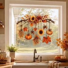 1PC Fall Autumn Village Static Window Stickers, Cute Harvest Houses Maple Leaf Pumpkin Acorn Flying Birds Decal, Static Cling No Glue Easy Removable, For Glass Window, Door, Shop Window, Home Thanksgiving Decor - Multicolor - View 7