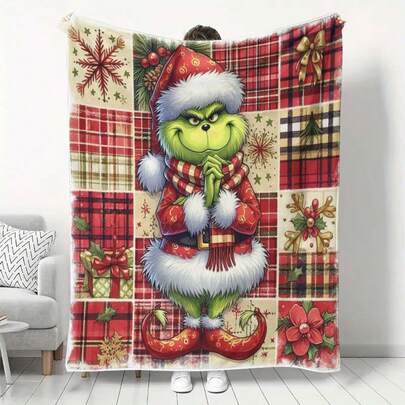 The Grinch Soft & Comfortable 1pc Modern Flannel Christmas Nap Blanket - Christmas Tree, Deer, Snowflake, Snowman - Polyester Nap Blanket - Digital Printing Process, Suitable For Sofa, Bed, Travel, Office Home Decor