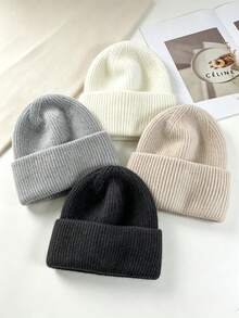 Unisex Solid‑Colour Knitted Beanie Hat, Stretchy Rib Cap For Autumn Fall Street Style Casual Daily Outdoor Wear - A - View 1