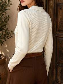 DONICY Women's Cream Polo Collar Diagonal Hollow Half Button Cropped Knit Top, Long Sleeve Textured Sweater For Spring Fall Daily Wear - Apricot - View 2