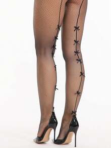 1 Pair Women's Black Back Seam Bowknot Fishnet Pantyhose, Vintage Coquette Mesh Tights For Party, Date Night & Halloween - Multicolor - View 3