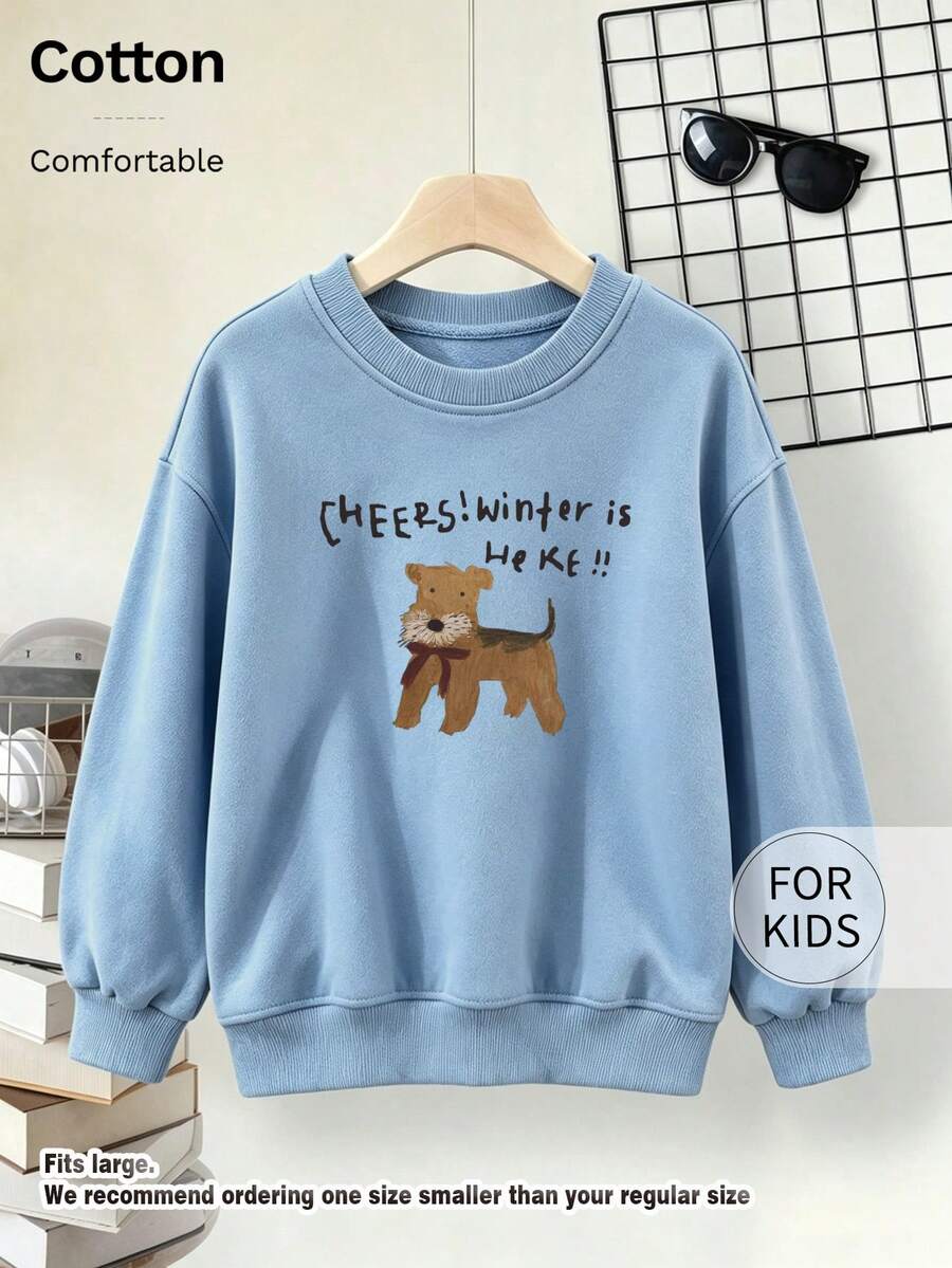 Children's Crew Neck Sweatshirt, Hand-Painted Dog With Cheers Winter Letter Print, Light Blue Pullover, Suitable For Boys And Girls - Blue - View 1