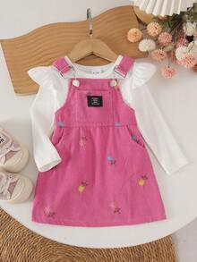 2pcs Baby Girl Cute Flutter Sleeve Ribbed Top & Embroidered Corduroy Pinafore Dress Set, Lightweight Spring/Autumn - White - View 2