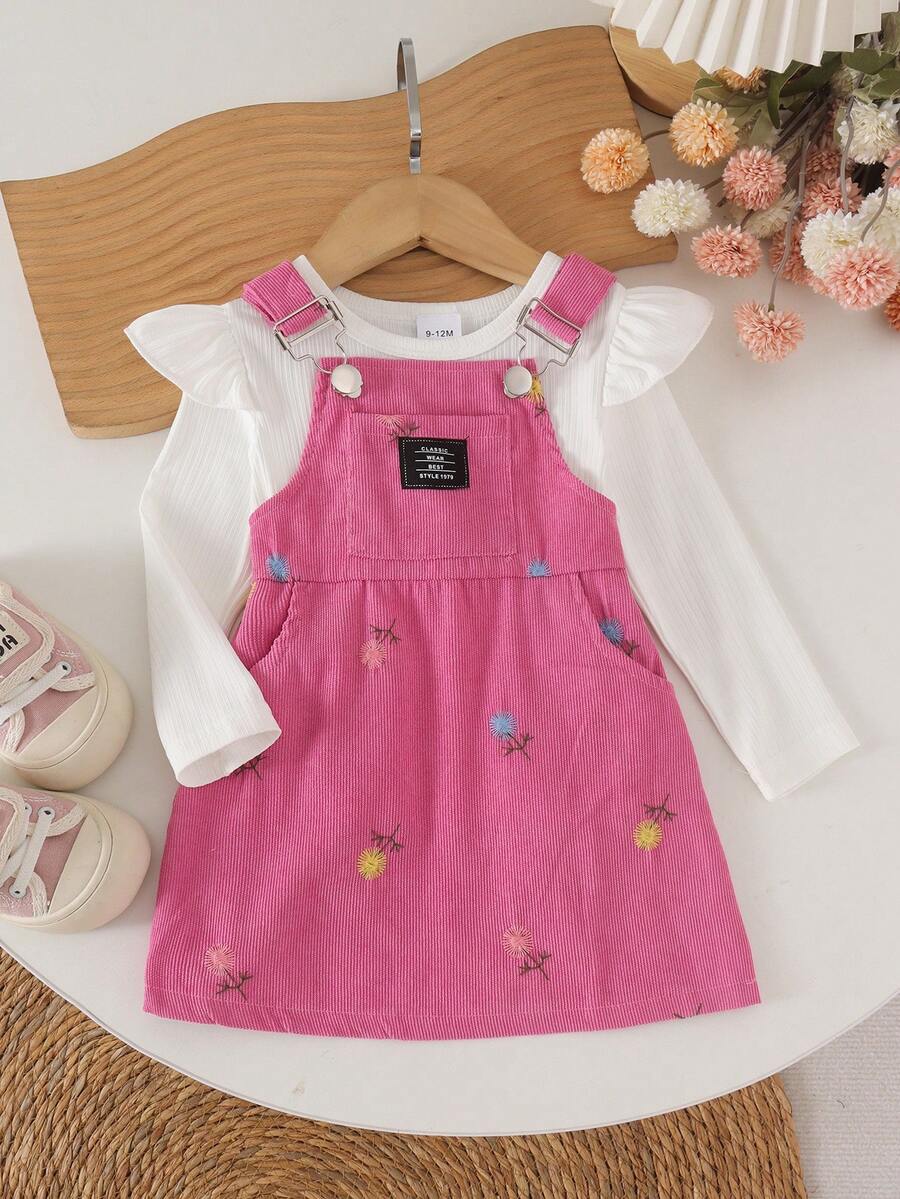 2pcs Baby Girl Cute Flutter Sleeve Ribbed Top & Embroidered Corduroy Pinafore Dress Set, Lightweight Spring/Autumn - White - View 1