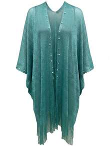 Shiny Beaded Fringe Open Front Women's Shawl, Breathable Mesh Sun Protection Cover-Up, Versatile Scarf Jacket For Banquet Wedding Dress, V-Neck Open Front No-Button Design, Suitable For Daily Wear With Dresses And Inner Layers, Multiple Colors Available - Multicolor - View 6