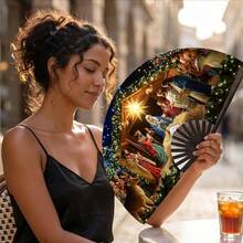 1pc Christmas Nativity Scene Print Folding Hand Fan, Black Plastic Fan Bones, Lightweight Portable Holiday Accessory, Suitable For Daily Use, Travel And Holiday Gift - A - View 6