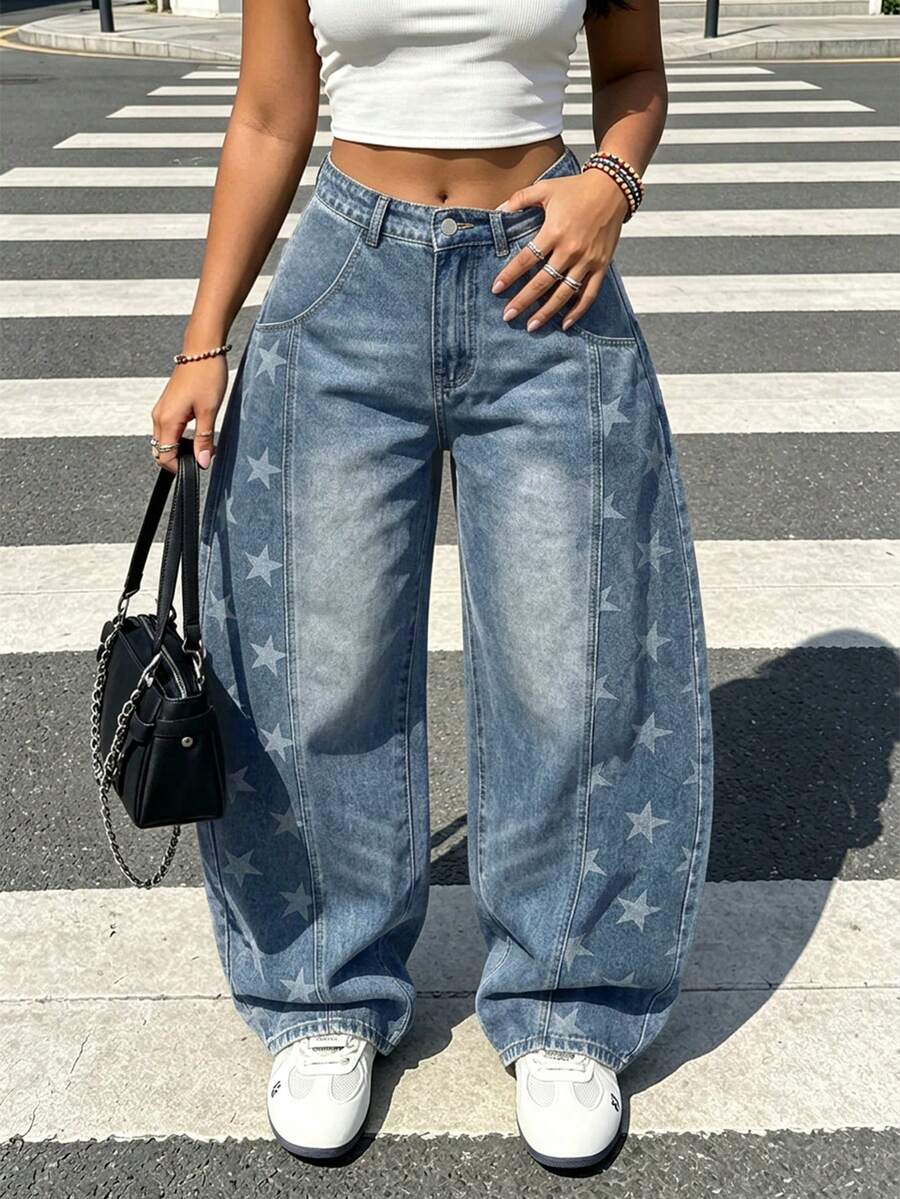 Women's Star Print Casual Loose Oversized Barrel Straight Leg Jeans - Medium Wash - View 1