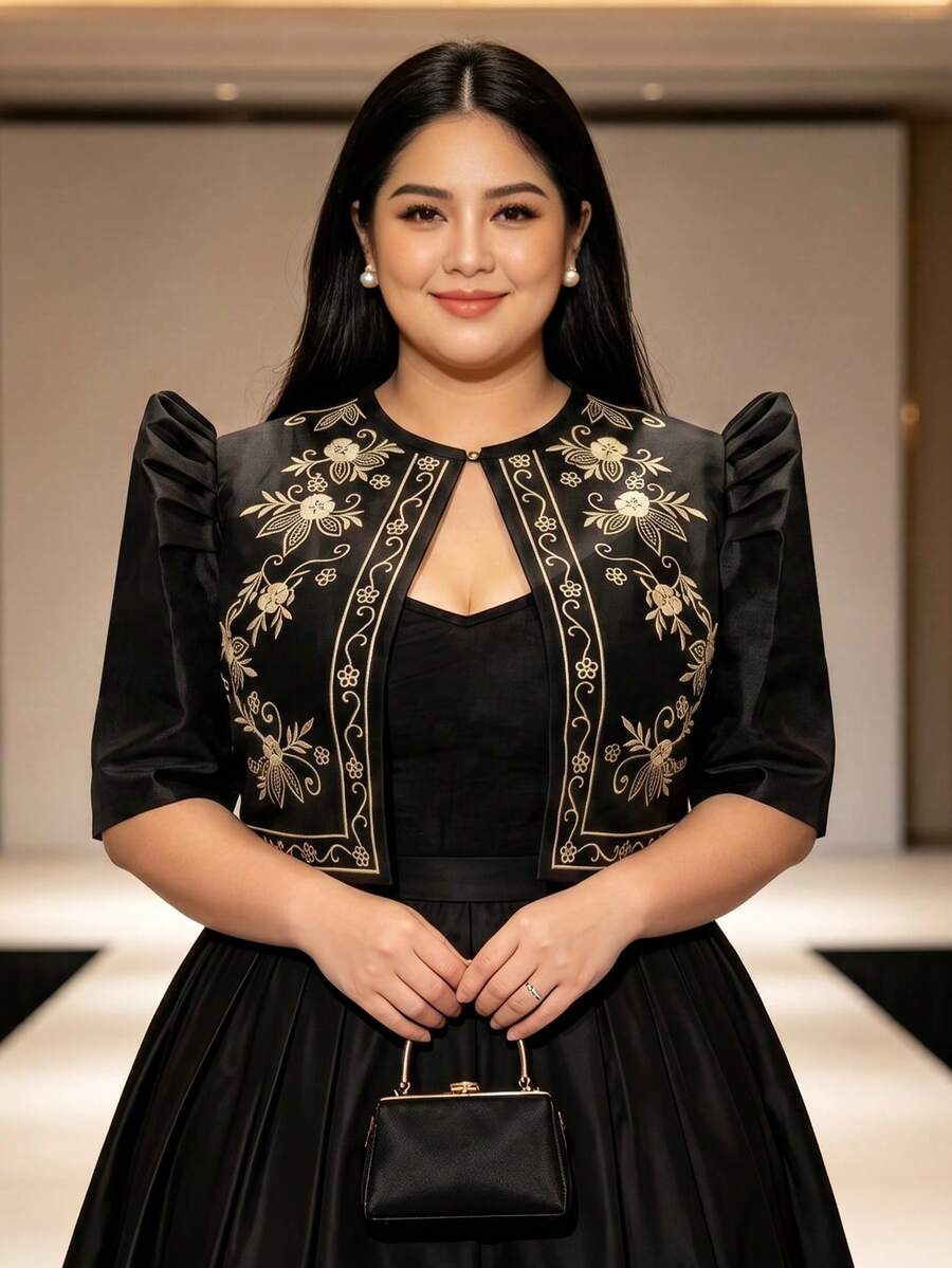 大尺碼女款現代菲律賓風花卉圖案復古印花泡泡袖上衣,蝴蝶袖優雅上衣 - 黑色 - 查看 1