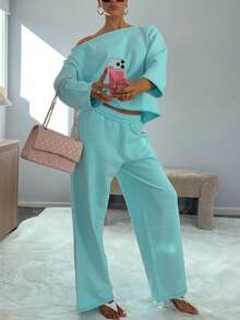 Comfortable Off-The-Shoulder Sweatshirt And Wide Leg Pant Set For Women, Sexy Casual Two Pieces Outfit, Perfect For Fall - Baby Blue - View 2