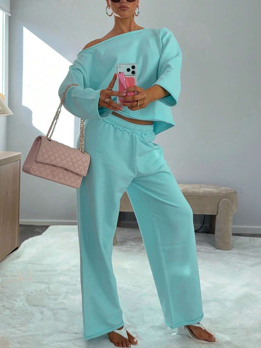 Comfortable Off-The-Shoulder Sweatshirt And Wide Leg Pant Set For Women, Sexy Casual Two Pieces Outfit, Perfect For Fall - Baby Blue - View 1