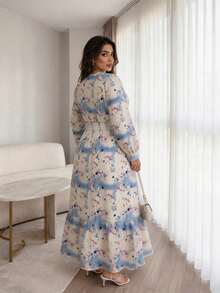 Plus Size Elegant Fashion V-Neck Long Sleeve Ditsy Floral Dress, Ruched Waist Ruffle Hem Tea Length Maxi Dress For Daily Wear, Outings, Gatherings And Commuting - Multicolor - View 3
