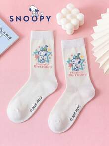 1 Pair Snoopy Women's White Mid-Calf Socks, Cute Cartoon Christmas Puppy Winter Socks - White - View 3