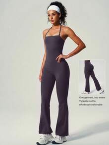 UONNOU Peach Butt-Lifting Flare Leg Jumpsuit, Square Neck Square Neck Backless Yoga Jumpsuit - Purple - View 1