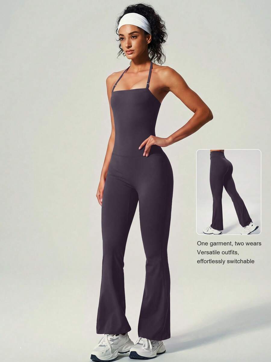 UONNOU Peach Butt-Lifting Flare Leg Jumpsuit, Square Neck Square Neck Backless Yoga Jumpsuit - Purple - View 1