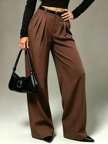 Women's Commuter High Waist Pure Pleated Loose Wide Leg Suit Pants - Brown - View 7