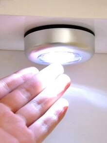 Silver Push-Button LED Light, 3 LED Wireless Cabinet Night Light, Yellow/White Light Round Push Design, Wall Lamp Suitable For Home Lighting, Hallway Bathroom, Bedroom Kitchen, Cabinet Stairs, Dorm Lighting Essential (Battery Not Included) - Silver Casing - View 3