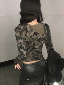 Vintage American Sweet & Cool Camouflage Two-Way Zipper Slimming Hooded Long Sleeve Jacket Top - Army Green - View 4