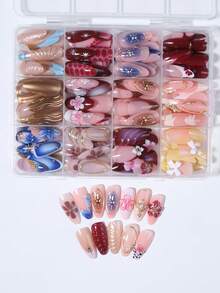 288pcs Medium-Long Almond Shape 3D Gel Nail Stickers, Floral Pattern French Manicure Stickers, Medium-Long 3D Alloy Cross Pearl Decor, Suitable For Perfect Fit Acrylic False Nails, Leopard Print And French Manicure Suitable For Women's Daily Work, Holiday, Party Use - Multicolor - View 6