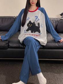 2pcs/Set Women's Pajamas Loungewear Set, Round Neck Pullover Couple Style Cute Animal Print Long Sleeve Long Pants, Easy Care Fabric - Multicolor - View 7