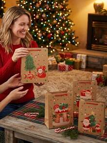 24pcs Set Of Christmas-Themed Printed Kraft Paper Gift Bags-Perfect For Party Favors, Table Decorations, Guest Gifts, And General Gift-Giving; An Ideal Choice For Holiday Gift Packaging. - Multicolor - View 2