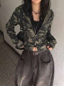 Vintage American Sweet & Cool Camouflage Two-Way Zipper Slimming Hooded Long Sleeve Jacket Top - Army Green - View 5
