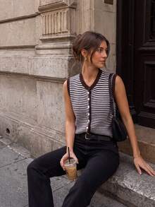 JIANHU Women's Vintage Knit Button Striped Sleeveless Cardigan Vest, Suitable For Daily Layering And Casual Wear, Autumn/Winter - Brown - View 3
