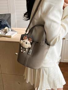 Handbag With Doll Pendant And Bead Chain Decor, Sweet And Gentle Style Bucket Bag, Suitable For Daily Dates, Shopping And Outings, Energetic Atmosphere Crossbody And Hand-Carry Dual-Use Compact Bag - Grey - View 8