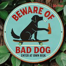 [2D Flat Diagram] 1pc Vintage Style Beware Of Dog Wooden Wall Sign - Rustic Style, Distressed Effect Warning Sign With Skateboard Dog Pattern, Suitable For Cafe Decor, Pre-Drilled Holes As Shown In Dimension Diagram - Multicolor - View 1