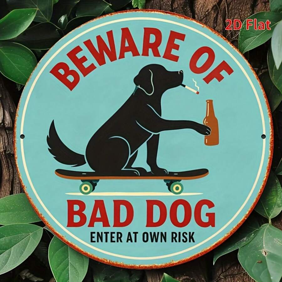 [2D Flat Diagram] 1pc Vintage Style Beware Of Dog Wooden Wall Sign - Rustic Style, Distressed Effect Warning Sign With Skateboard Dog Pattern, Suitable For Cafe Decor, Pre-Drilled Holes As Shown In Dimension Diagram - Multicolor - View 1