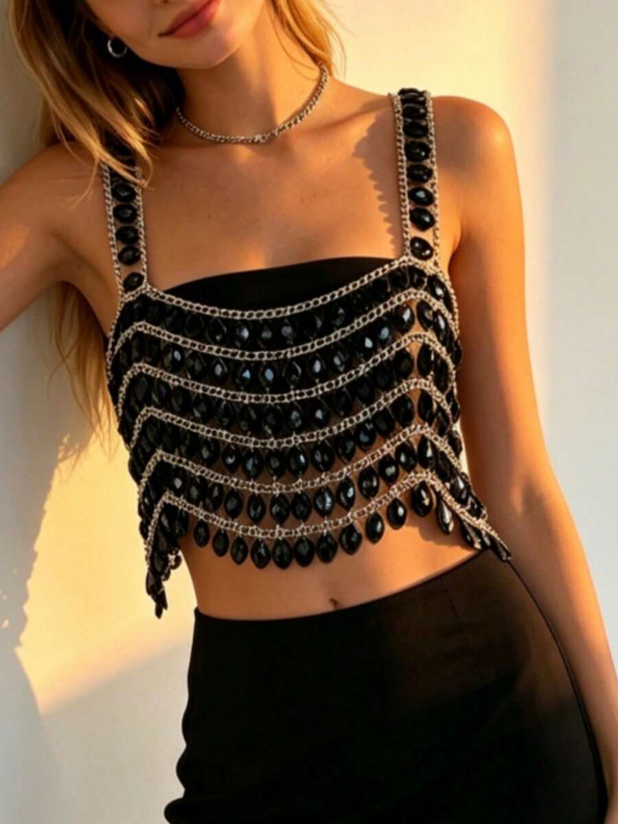ZHENGHEN Black Beaded Spaghetti Strap Camisole - Sexy Party Body Jewelry