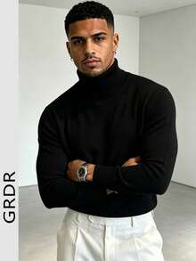 GRDR Men's Regular Shoulder Long Sleeve Turtleneck Sweater, Versatile Daily Wear Knitwear - Black - View 7