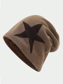 1pc Y2K Vintage Style Knitted Beanie, Men's Pentagram Jacquard Fleece Lined Knit Hat, Suitable For Women And Girls, Retro Streetwear Beanie, Star Embroidery Detail, Loose Elastic Fit, Most Comfortable, Suitable For Autumn/Winter Casual, Outdoor And Streetwear Looks, Unisex - A - View 6