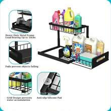 2-Tier Under Sink Storage Rack With Pull-Out Basket, Space-Saving Pipe Design Under Sink Organizer, Drill-Free Sliding Cabinet Storage Rack, Suitable For Kitchen, Bathroom, Cabinet And Cleaning Supplies - Black - View 8