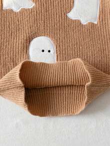 Boys Cute Style Solid Color Ghost Embroidery Sweater Knit Pullover Long Sleeve Suitable For School Daily Wear Spring Autumn Winter - Brown - View 6