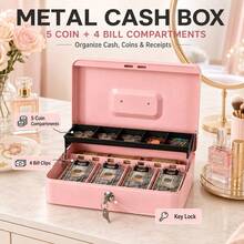 Metal Cash Box With Coin Tray And Key Lock, 5 Coin Slots And 4 Bill Clips, Portable Cash Drawer, Money Organizer Box And Petty Cash Box, With 2 Keys, Suitable For Cash Register, Small Business, Retail Store, Market Stall, Cafe, Home And Office - Multicolor - View 2