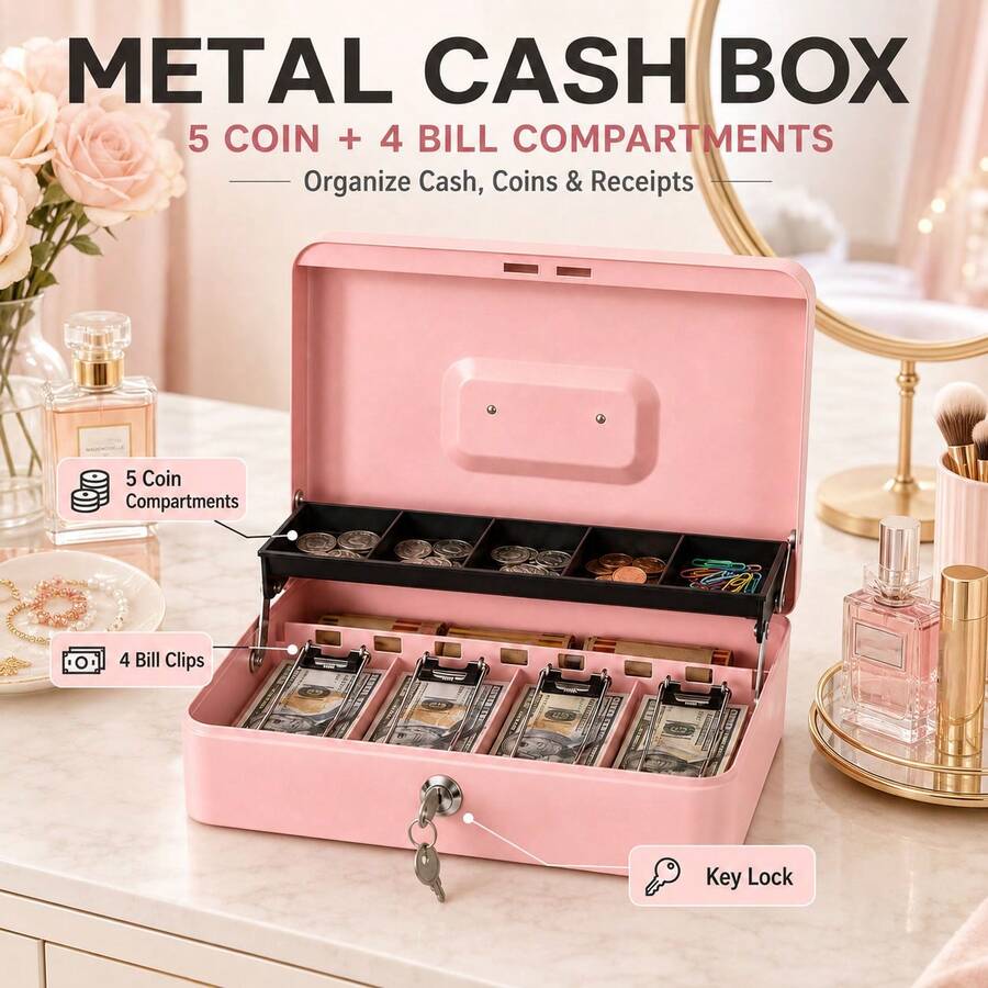 Metal Cash Box With Coin Tray And Key Lock, 5 Coin Slots And 4 Bill Clips, Portable Cash Drawer, Money Organizer Box And Petty Cash Box, With 2 Keys, Suitable For Cash Register, Small Business, Retail Store, Market Stall, Cafe, Home And Office