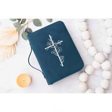 Funda para Biblia para Mujeres - Estuche Grande de Cuero PU con Diseño Minimalista en Bajorrelieve - Accesorios de Biblia Cristiana para Niñas y Mujeres (Beige/Dorado) - Cruz azul marino - Ver 2